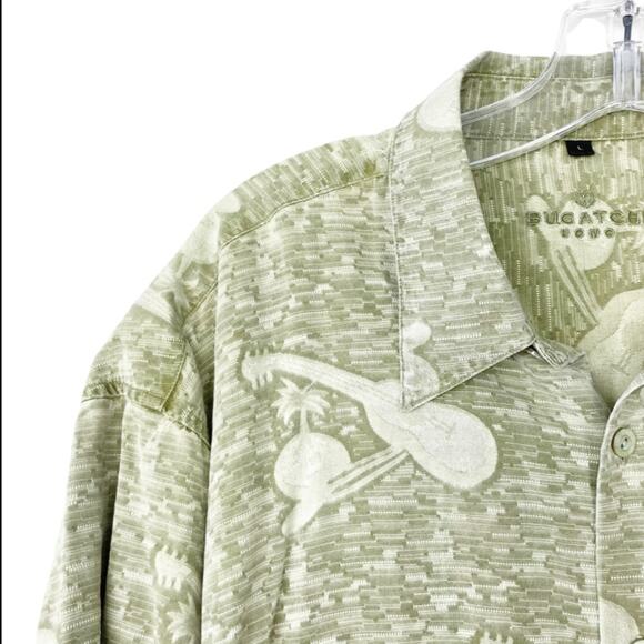 Bugatchi Uomo Green Printed 100% Silk Short Sleeve Button Down Sz L - Picture 2 of 7